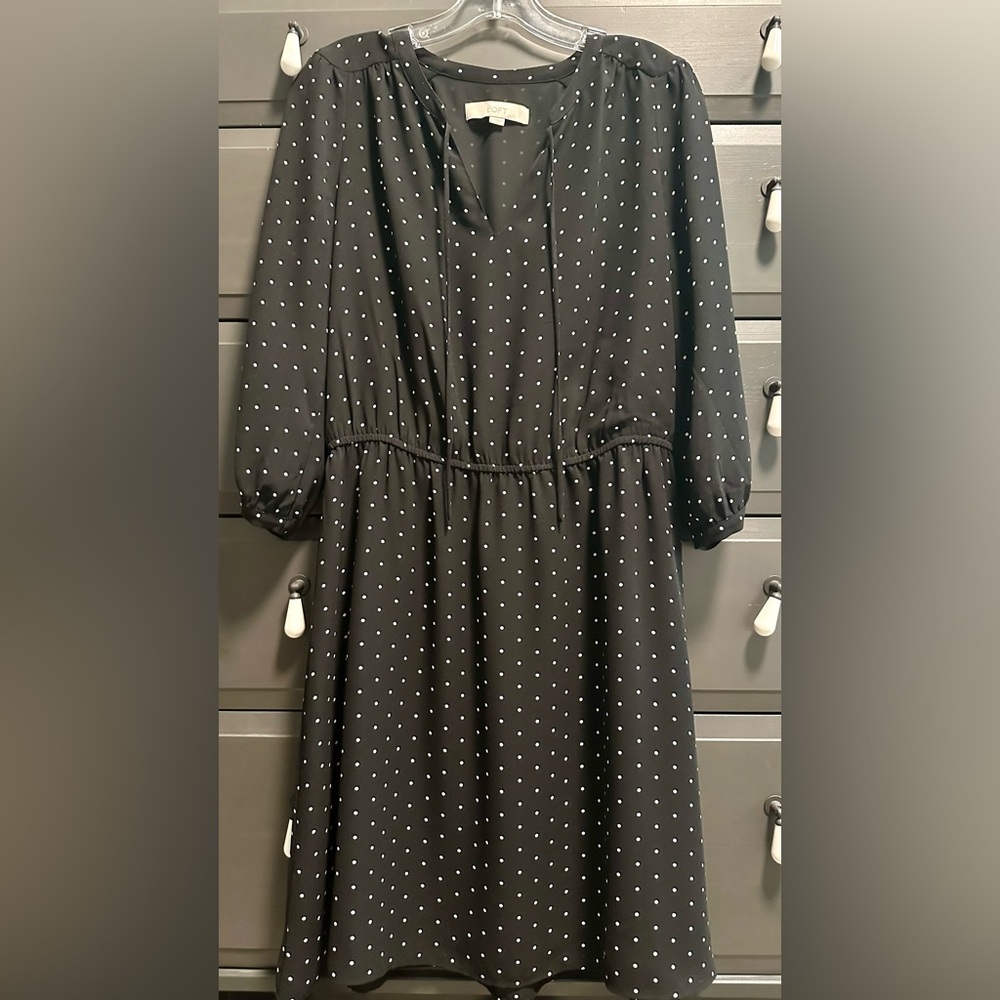 LOFT Black Long Sleeve Dress with White Polka Dots